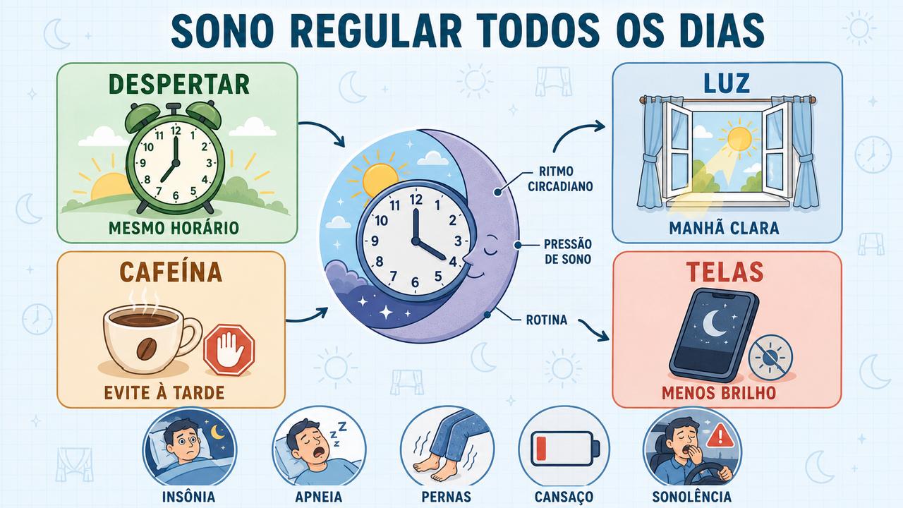 Despertar fixo, luz matinal, menos cafeína e menos telas fortalecem o sono.