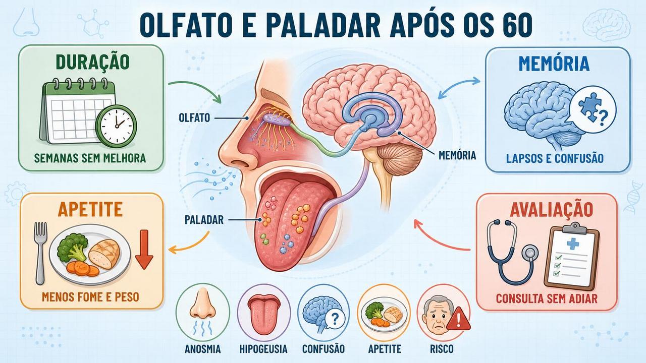 Infográfico resume duração, memória, apetite e avaliação na perda sensorial persistente.