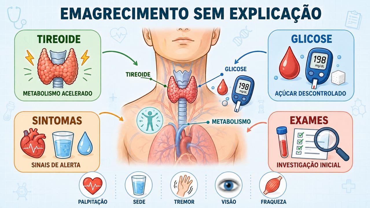 Infográfico resume tireoide, glicose, sintomas de alerta e exames iniciais.