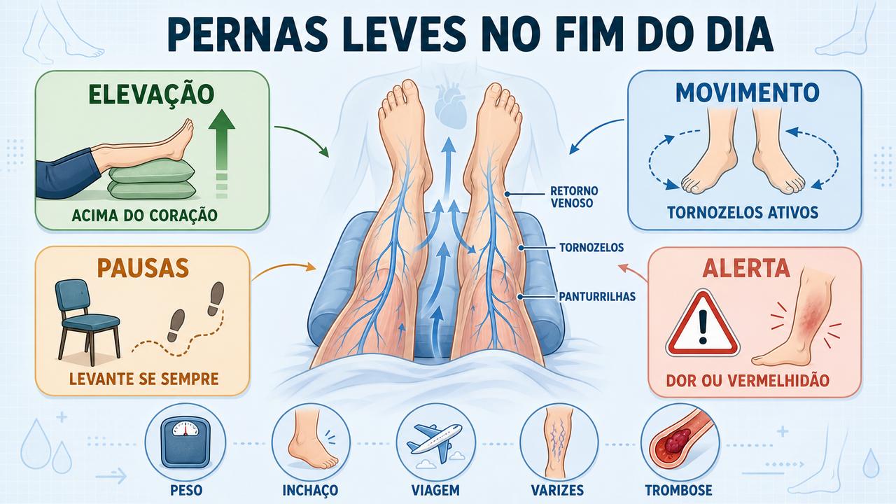 Elevação, movimento, pausas e sinais de alerta resumem os cuidados com as pernas.