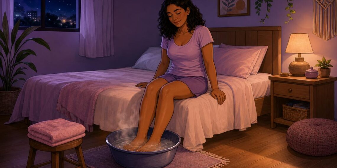 Escalda-pés com água morna pode favorecer relaxamento e preparar o sono.