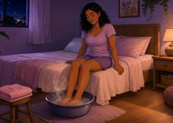 Escalda-pés com água morna pode favorecer relaxamento e preparar o sono.