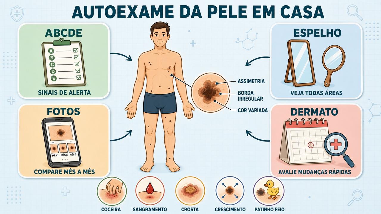 Infográfico resume ABCDE, espelhos, fotos e sinais que exigem dermatologia.