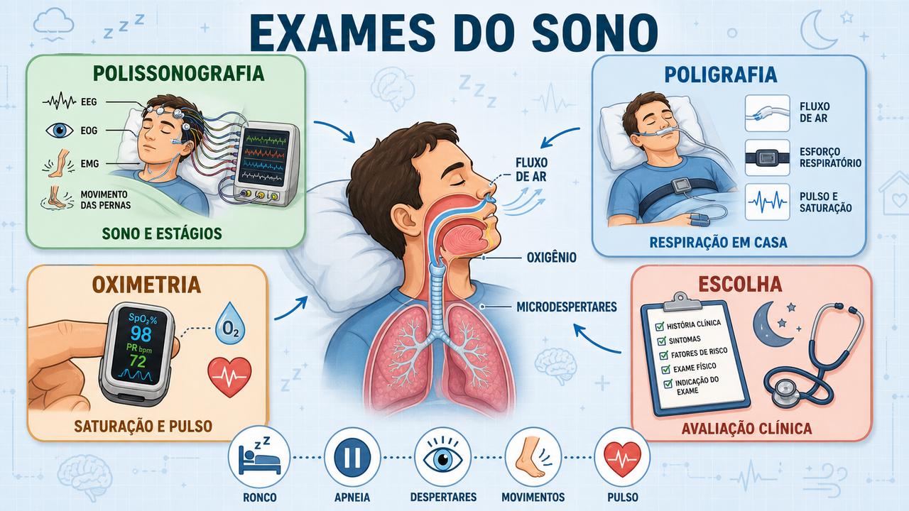 Polissonografia, poligrafia, oximetria e avaliação clínica orientam a investigação do sono.