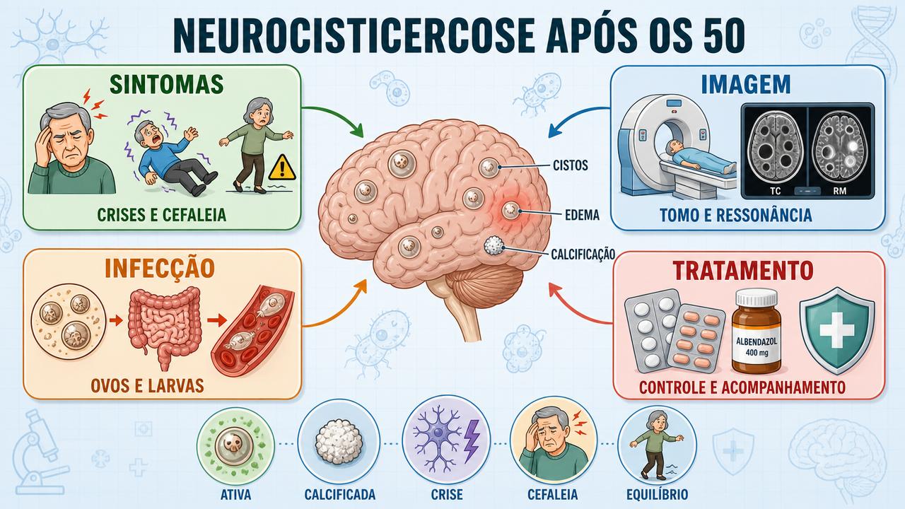 Sintomas, imagem, infecção e tratamento resumem os pilares da neurocisticercose.