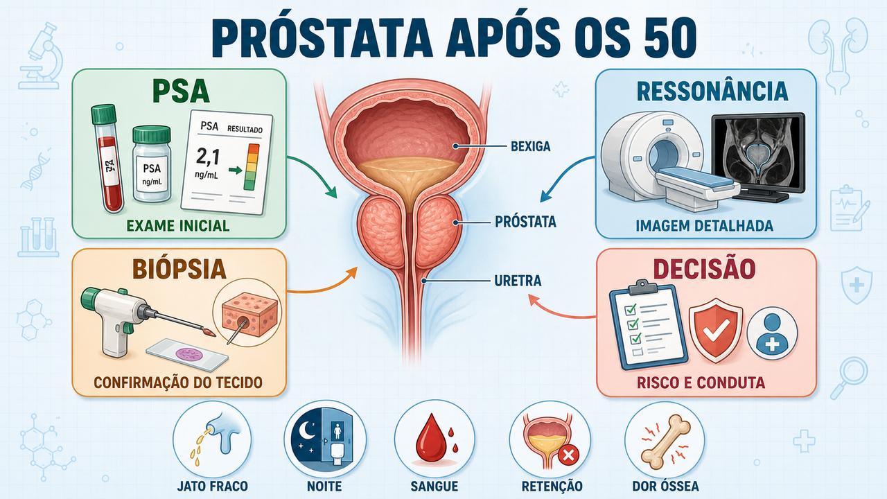PSA, ressonância, biópsia e decisão clínica orientam a avaliação da próstata.