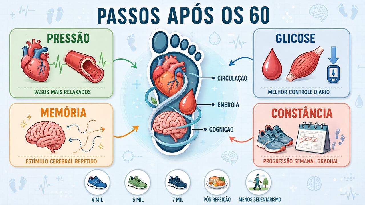 Quatro pilares dos passos diários para saúde cardiovascular, glicêmica e cerebral.
