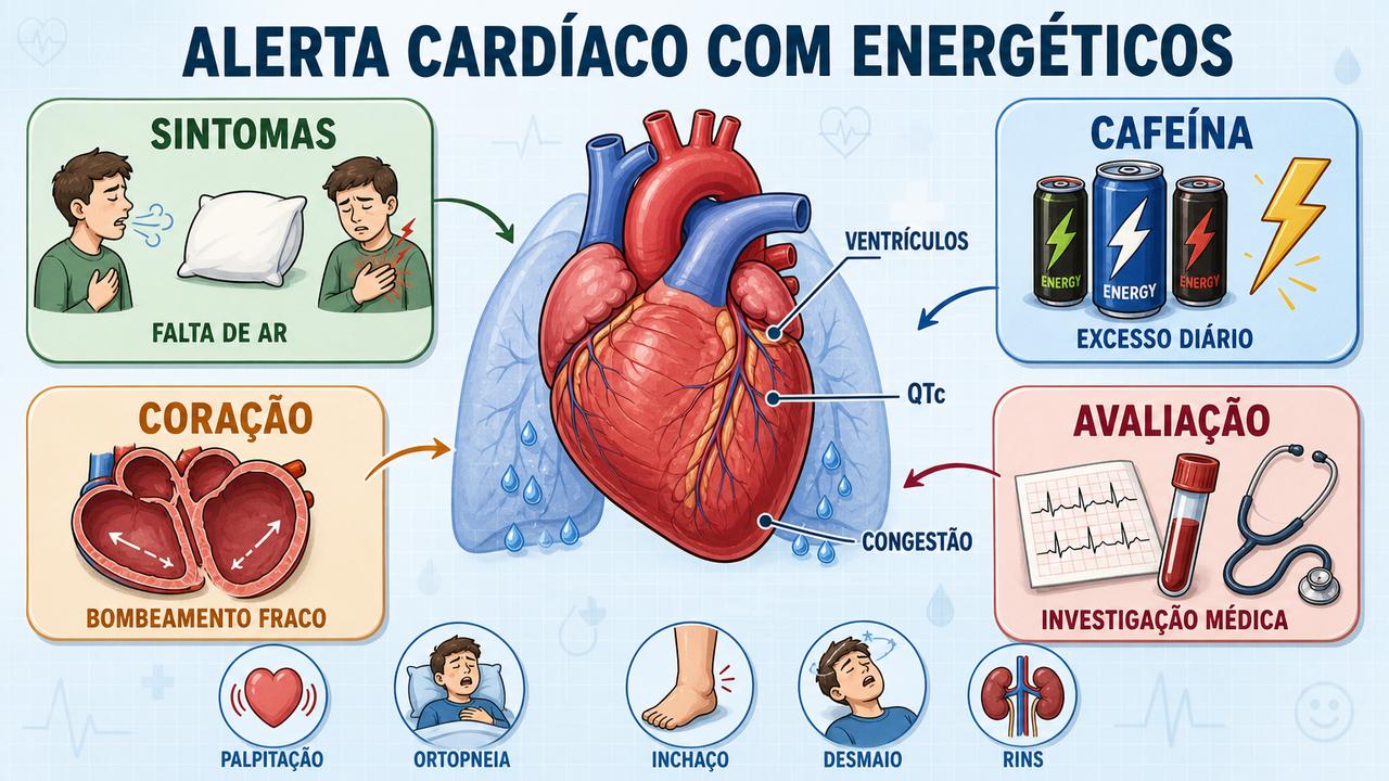 Infográfico resume sintomas, excesso de cafeína, coração enfraquecido e avaliação médica.