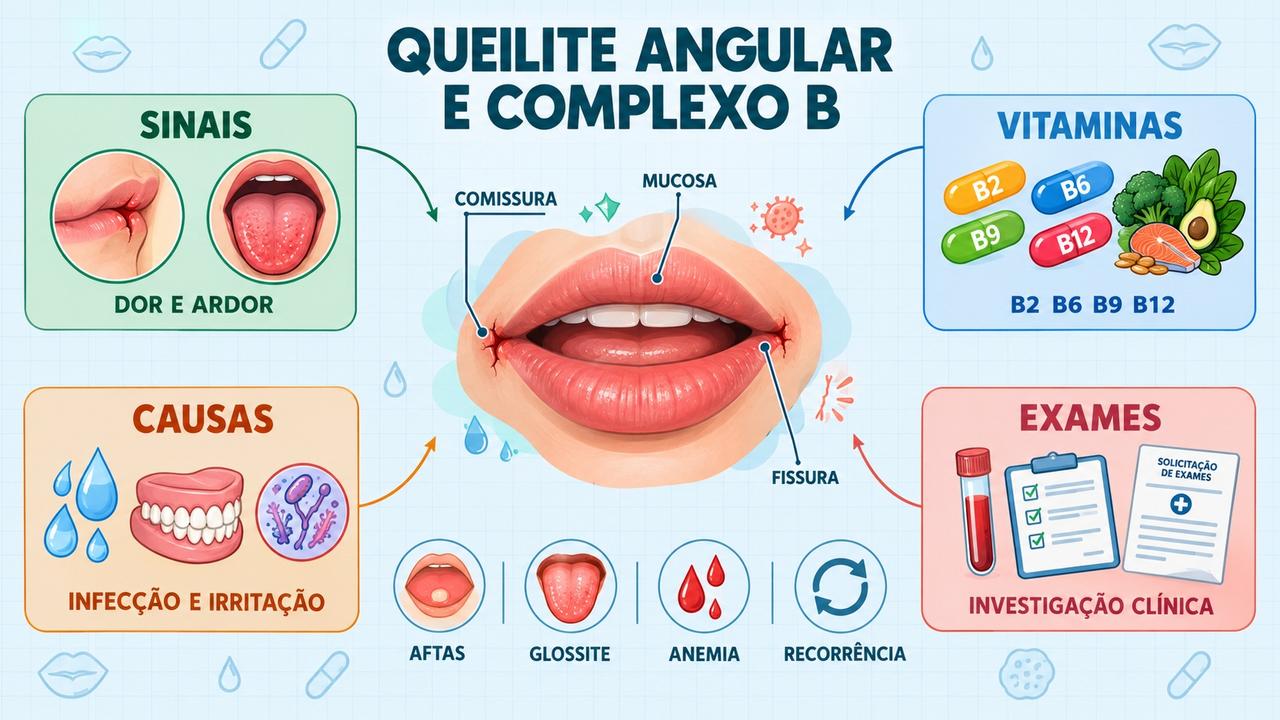Infográfico resume sinais, vitaminas, causas e exames ligados à queilite angular.