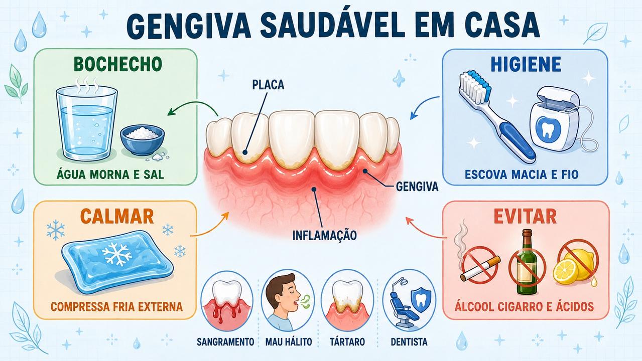 Infográfico reúne cuidados caseiros, higiene suave e sinais de alerta gengival.
