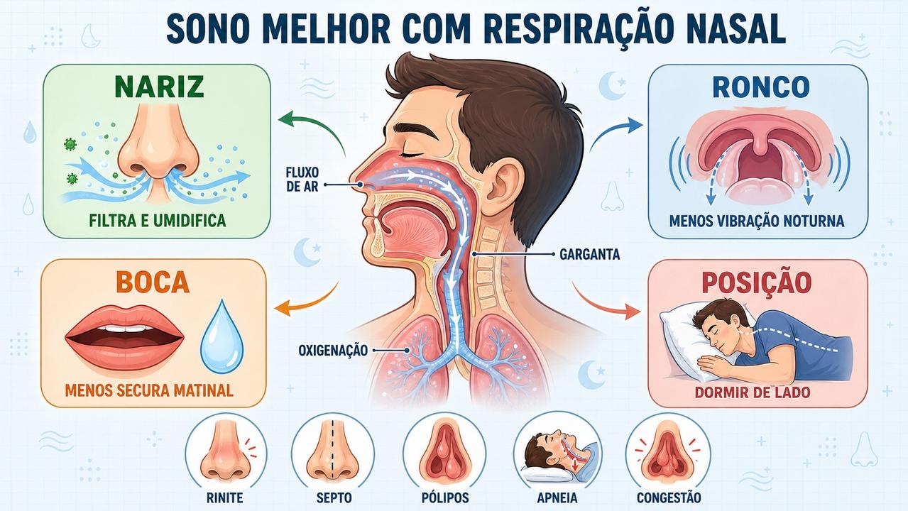 Quatro pilares explicam como a respiração nasal melhora conforto e sono.