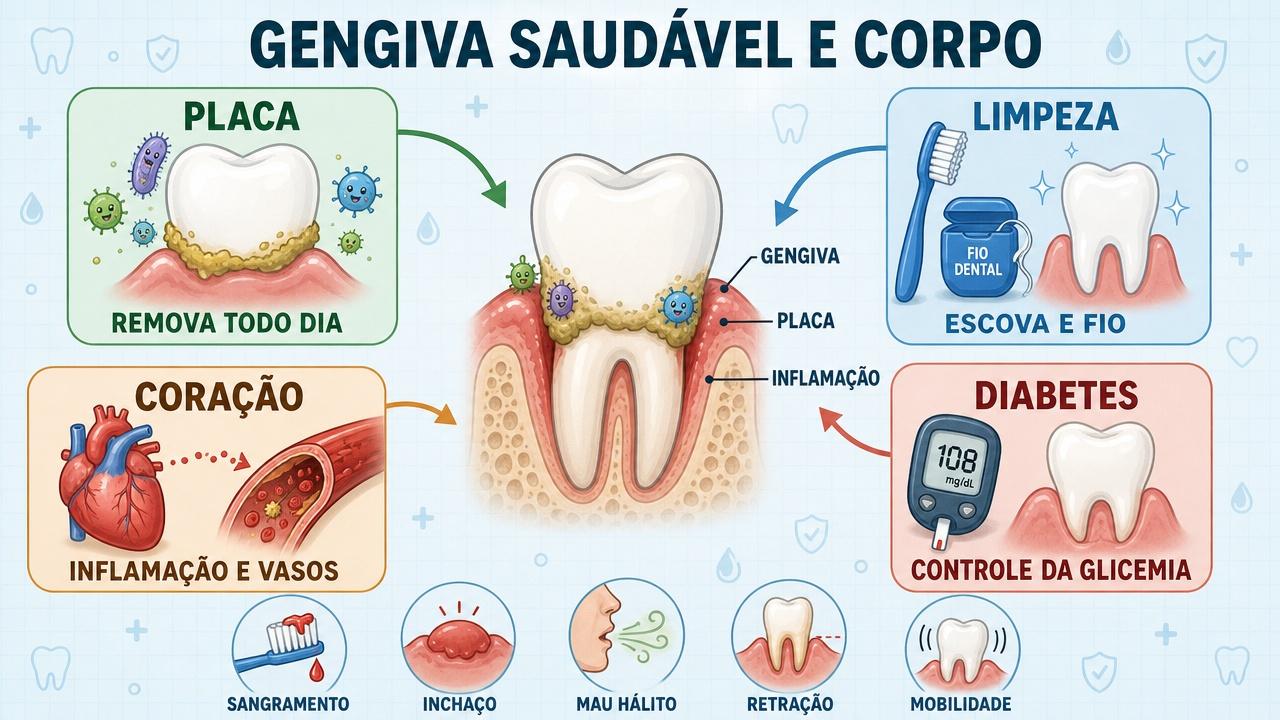 Placa, limpeza, coração e diabetes resumem os pilares da saúde gengival.