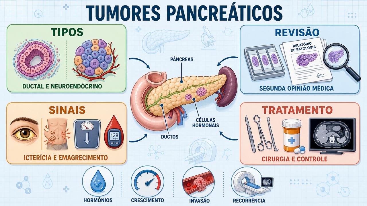 Infográfico mostra tipos tumorais, sinais, revisão diagnóstica e opções de tratamento.