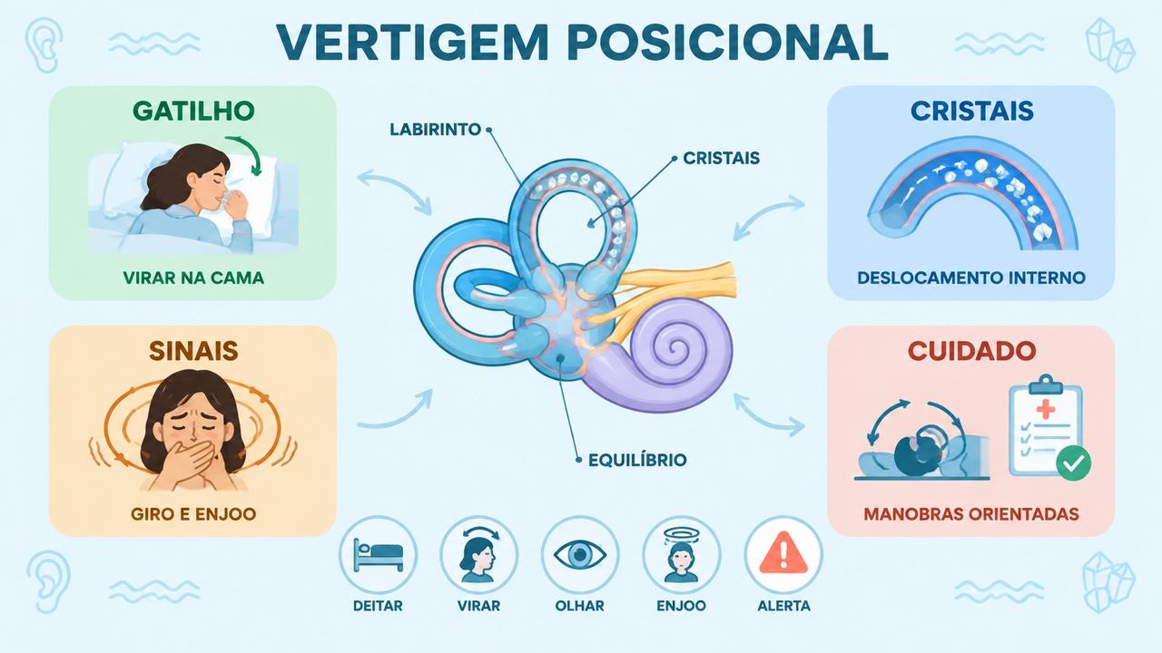 Infográfico resume gatilhos, cristais, sinais e cuidados na vertigem posicional.