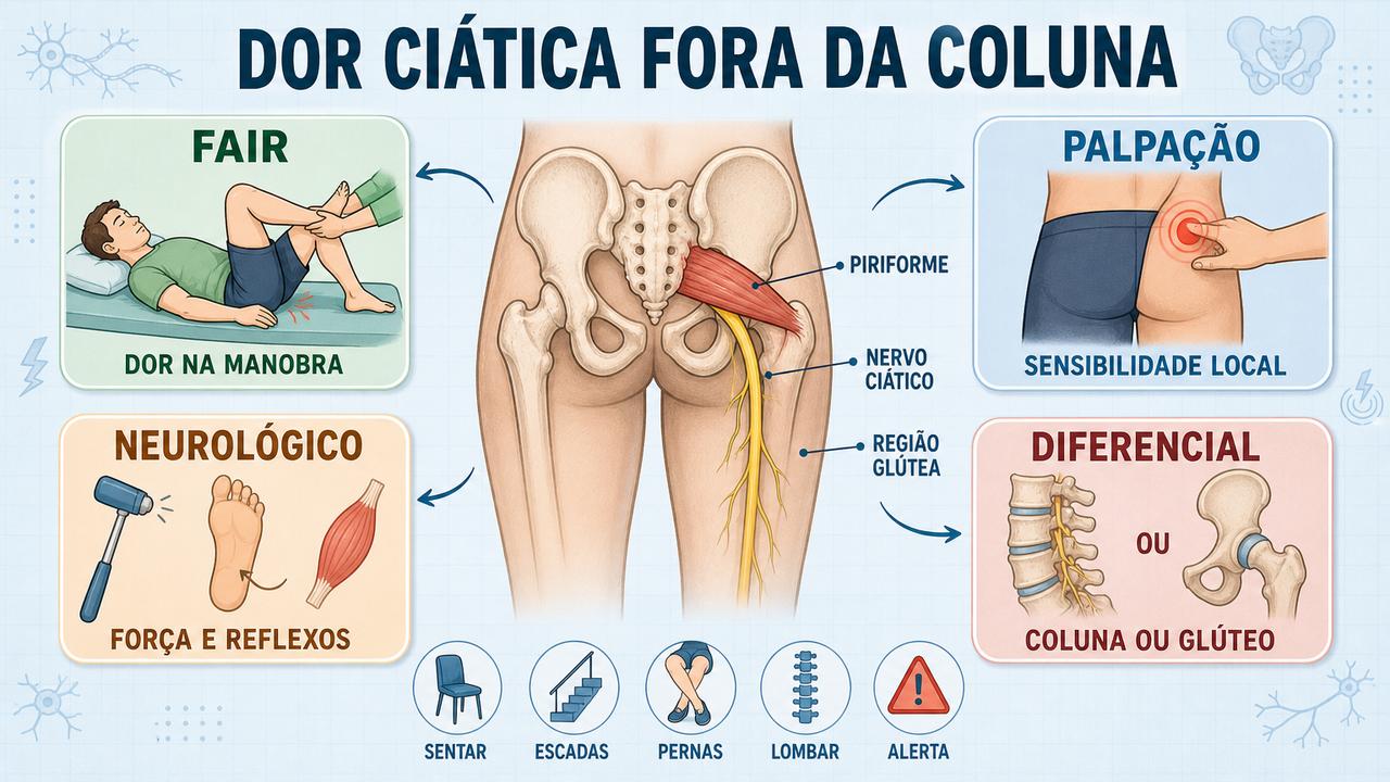 FAIR, palpação e exame neurológico ajudam a diferenciar piriforme da radiculopatia.