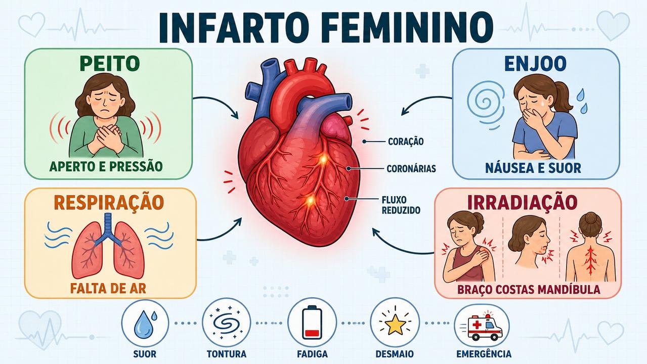 Peito, enjoo, respiração e irradiação resumem os principais alertas do infarto feminino.