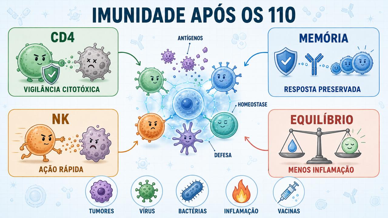 CD4, memória, células NK e equilíbrio inflamatório resumem a imunidade excepcional.