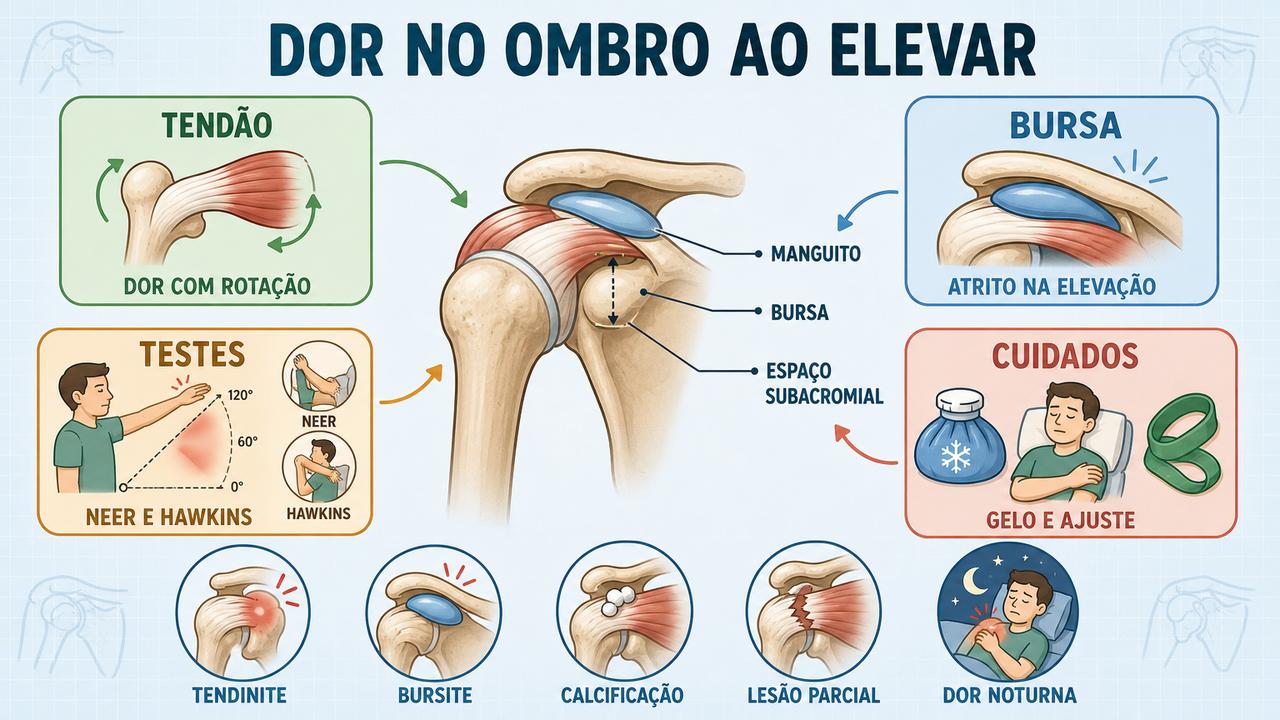 Infográfico resume tendão, bursa, testes clínicos e cuidados na dor no ombro.