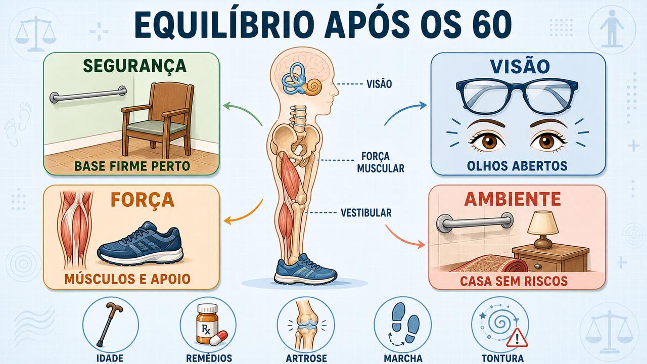 Visão, força, segurança e ambiente influenciam o equilíbrio durante o envelhecimento.