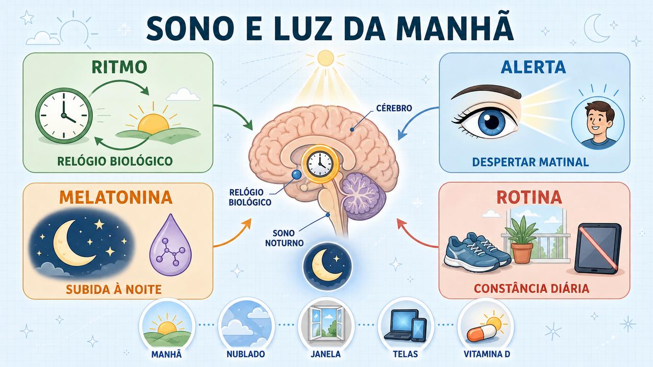 Ritmo circadiano, alerta, melatonina e rotina formam os quatro pilares.
