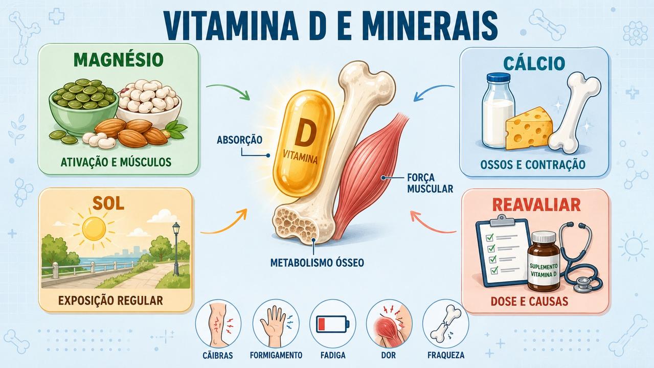 Infográfico resume magnésio, cálcio, sol e reavaliação dos sintomas persistentes.