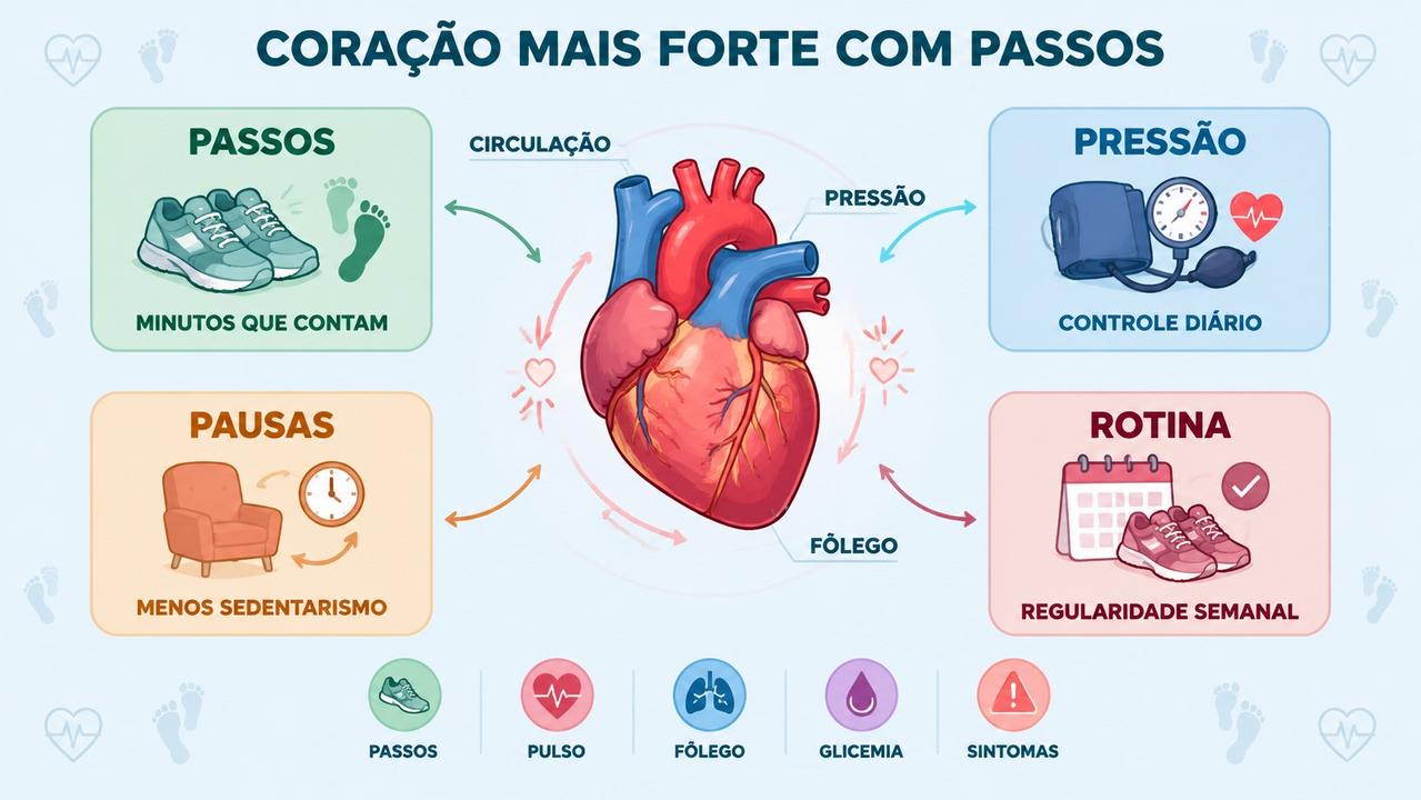 Passos, pressão, pausas e rotina formam pilares da proteção cardiovascular.