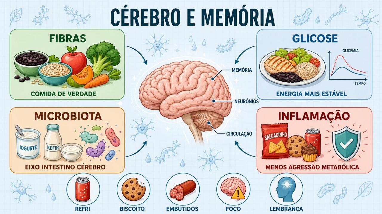 Fibras, glicose estável, microbiota e menor inflamação sustentam o cérebro.