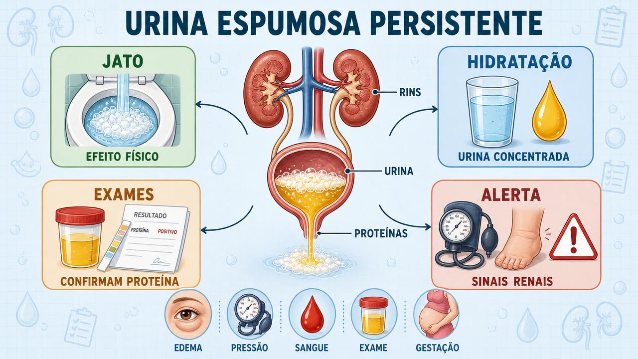 Infográfico resume causas físicas, exames e sinais renais ligados à urina espumosa.