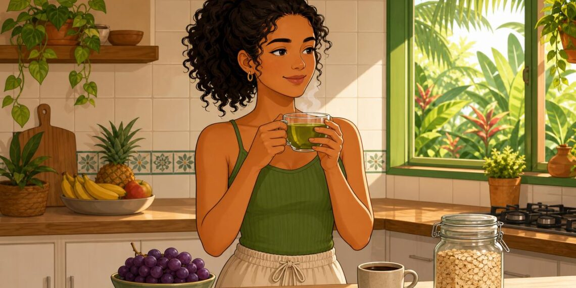 Uva, café e chá-verde entram na rotina, mas o intestino responde ao conjunto.
