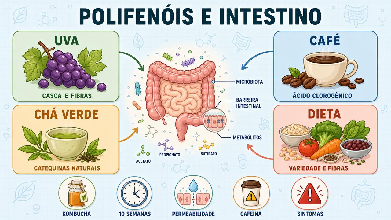 Polifenóis, fibras, microbiota e kombucha resumem os principais pontos do estudo.