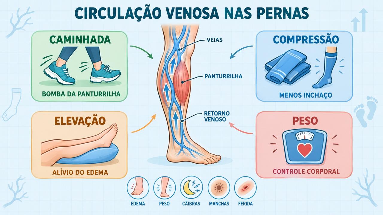 Caminhada, compressão, elevação e controle do peso ajudam a circulação venosa.