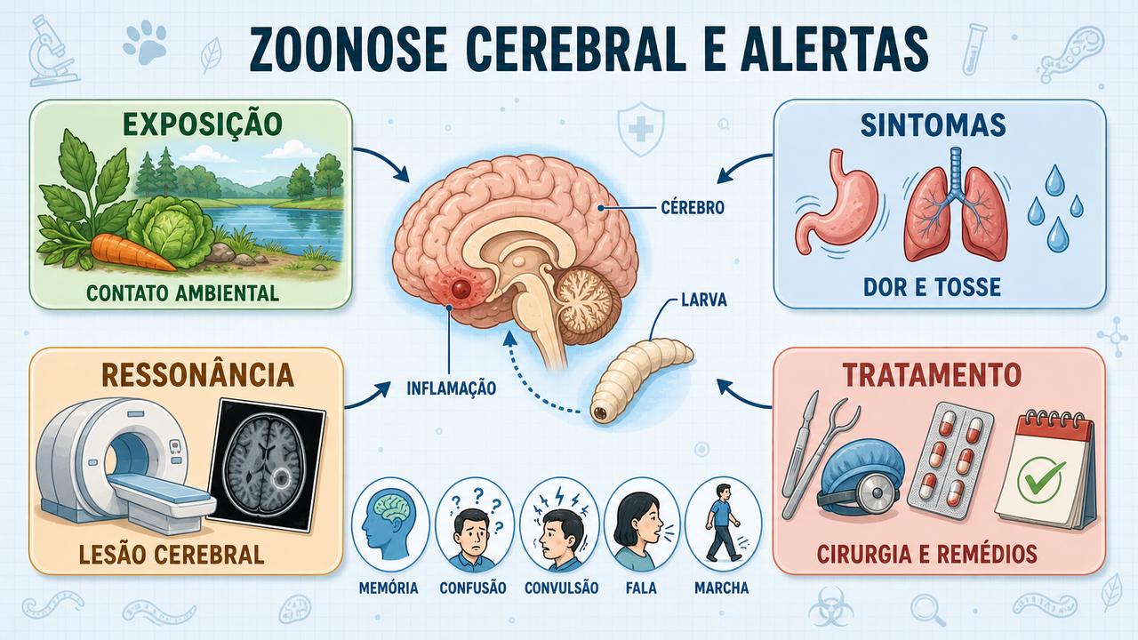 Exposição, sintomas, ressonância e tratamento resumem a investigação da zoonose cerebral.
