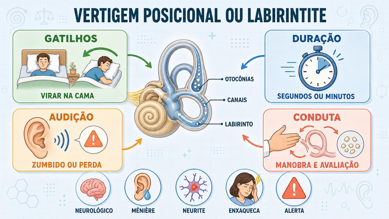 Gatilhos, duração, audição e conduta ajudam a diferenciar VPPB de labirintite.