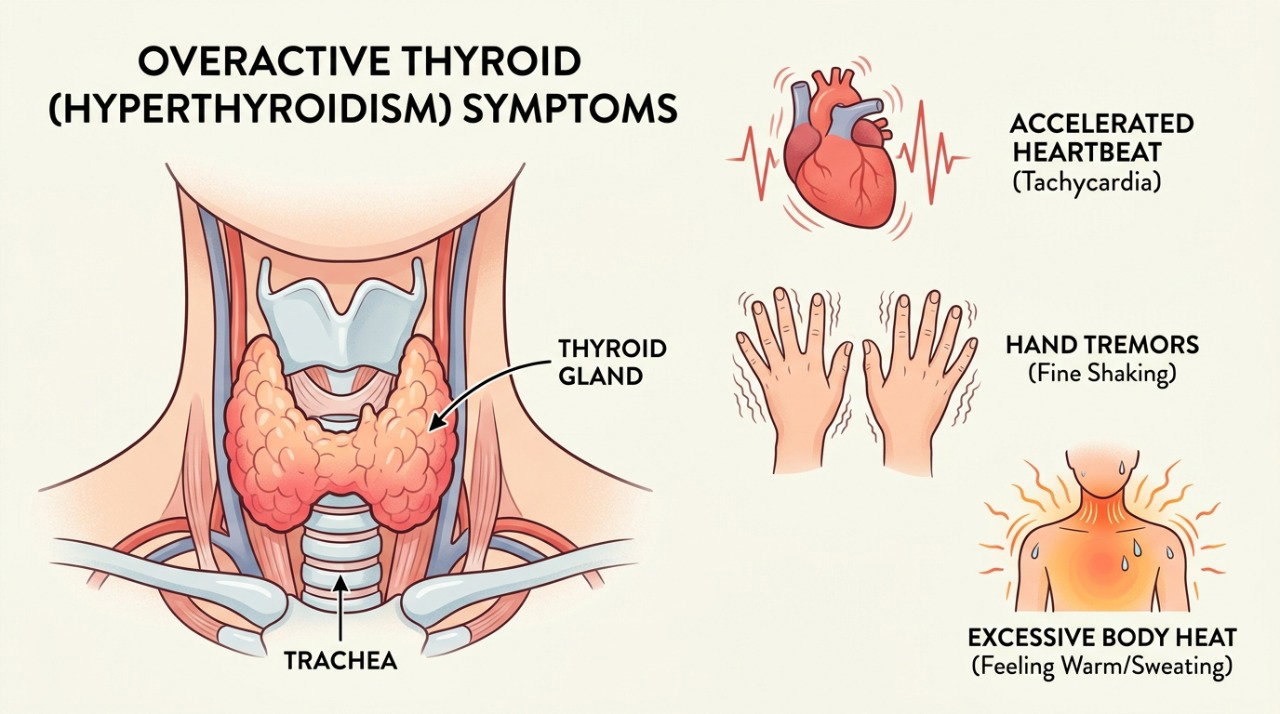 O excesso de hormônios da tireoide pode acelerar os batimentos e provocar tremor e intolerância ao calor.