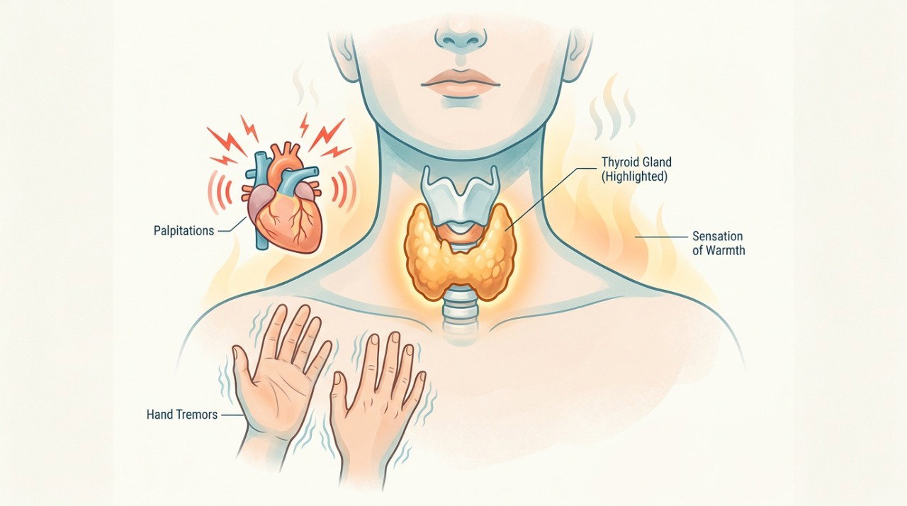 O excesso de hormônios tireoidianos pode acelerar os batimentos e causar tremores e intolerância ao calor.