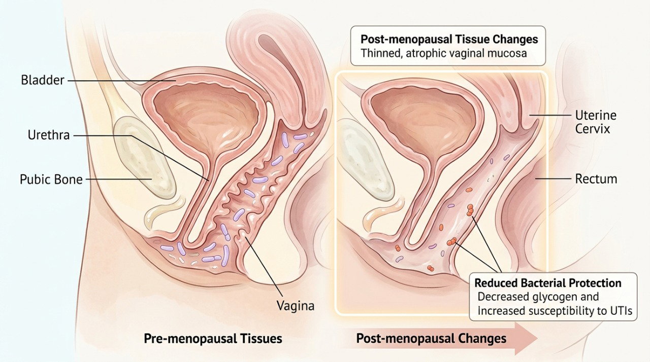 A queda do estrogênio após a menopausa pode favorecer alterações que aumentam o risco de infecção urinária.