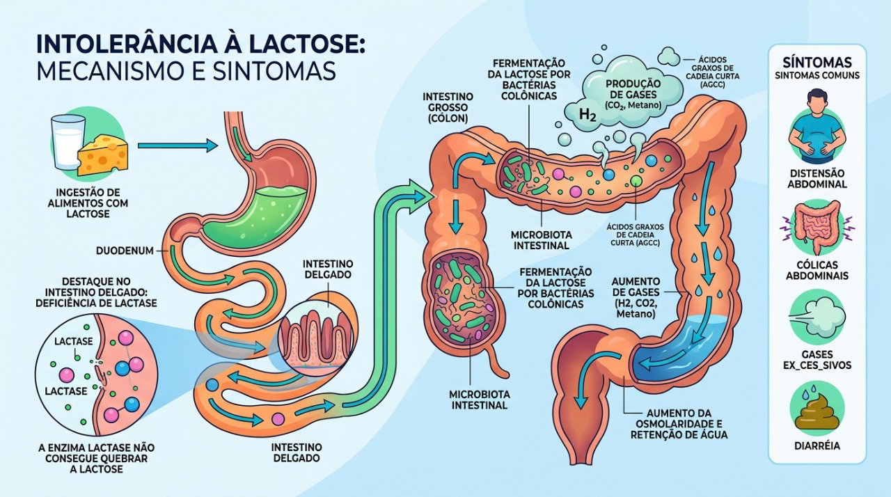 Quando há pouca lactase, a lactose pode chegar ao cólon sem ser totalmente digerida e causar sintomas intestinais.