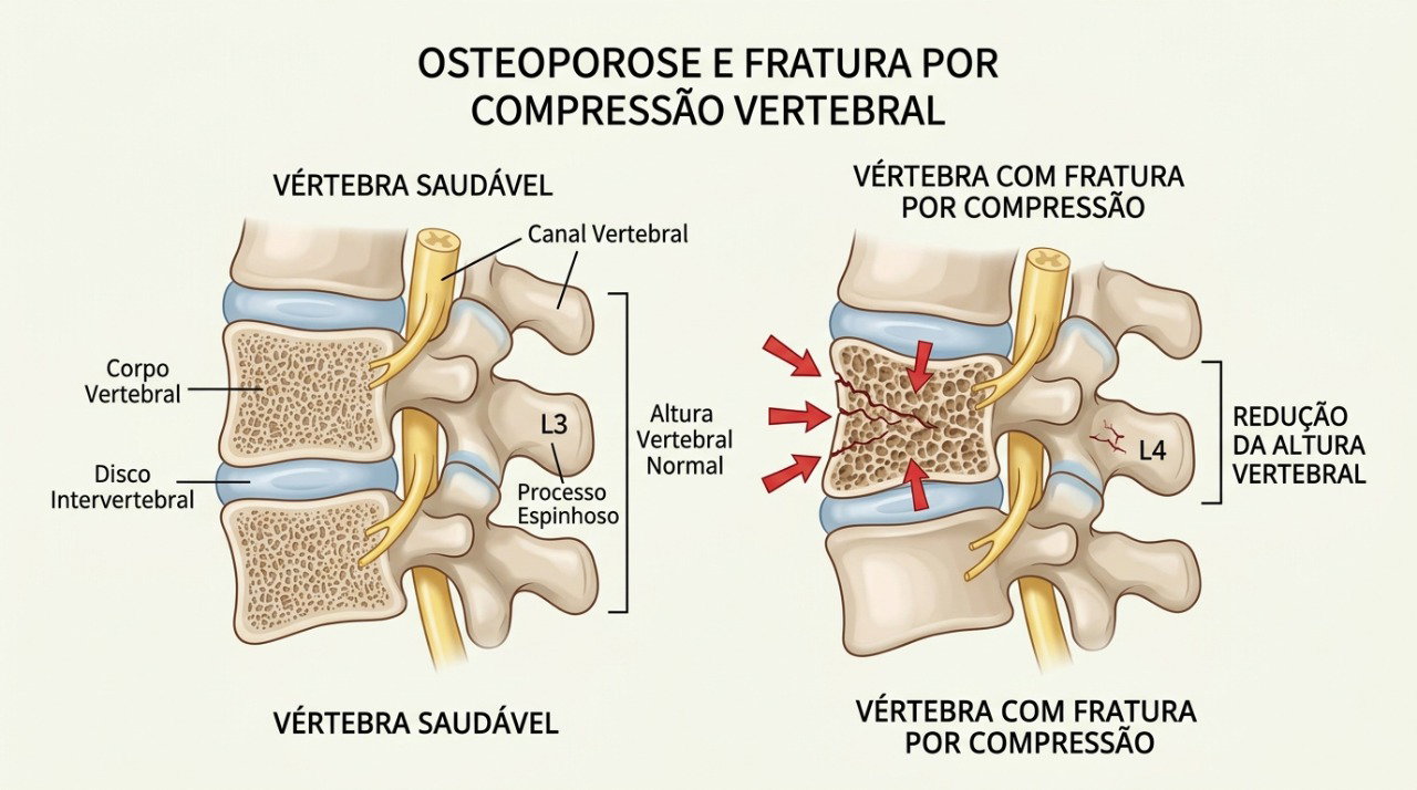 Fraturas por compressão nas vértebras podem contribuir para perda de altura e postura mais curvada.
