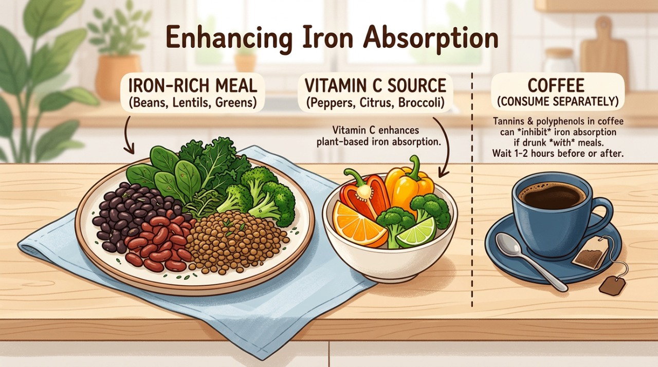 Separar o café das refeições e combinar fontes de ferro com vitamina C pode favorecer a absorção do mineral.