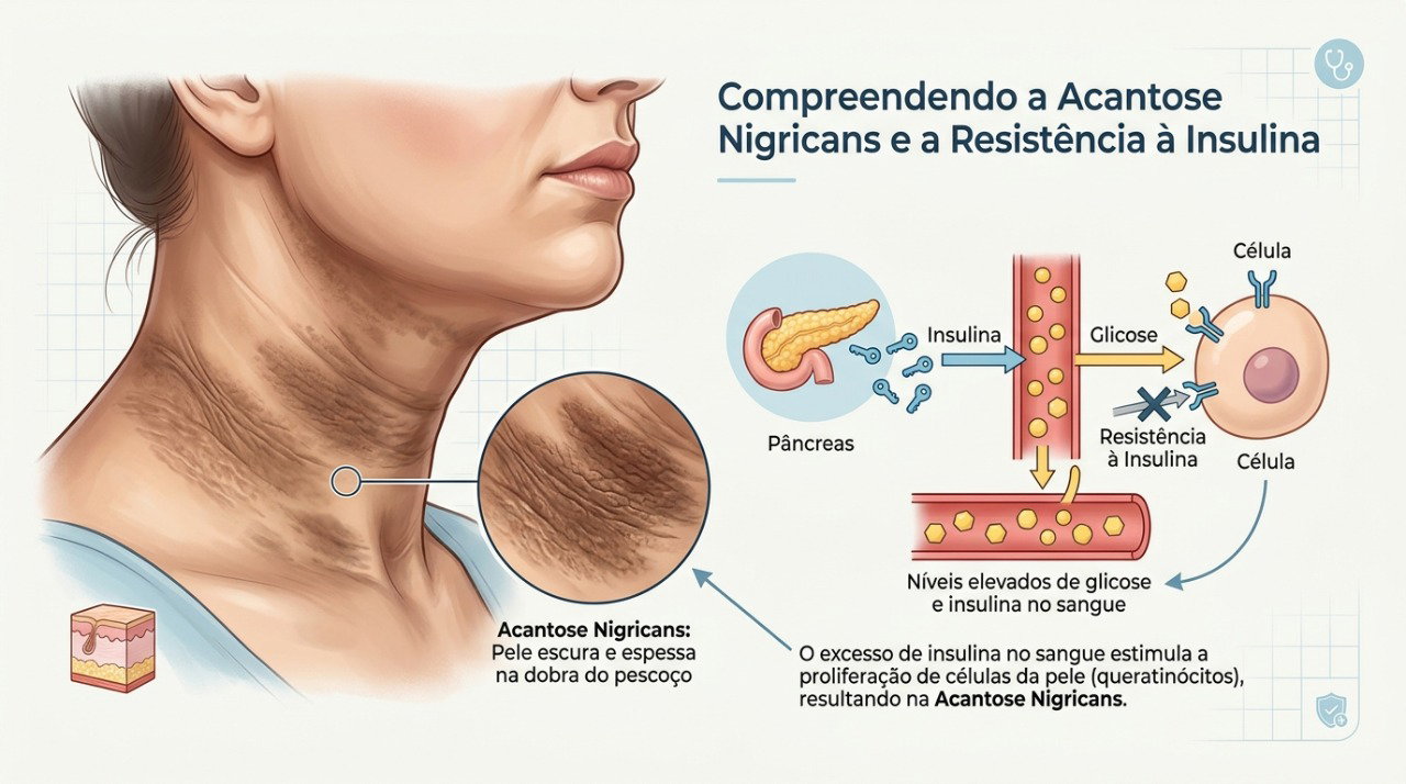 A acantose nigricans pode estar associada à resistência à insulina e merece investigação em alguns casos.