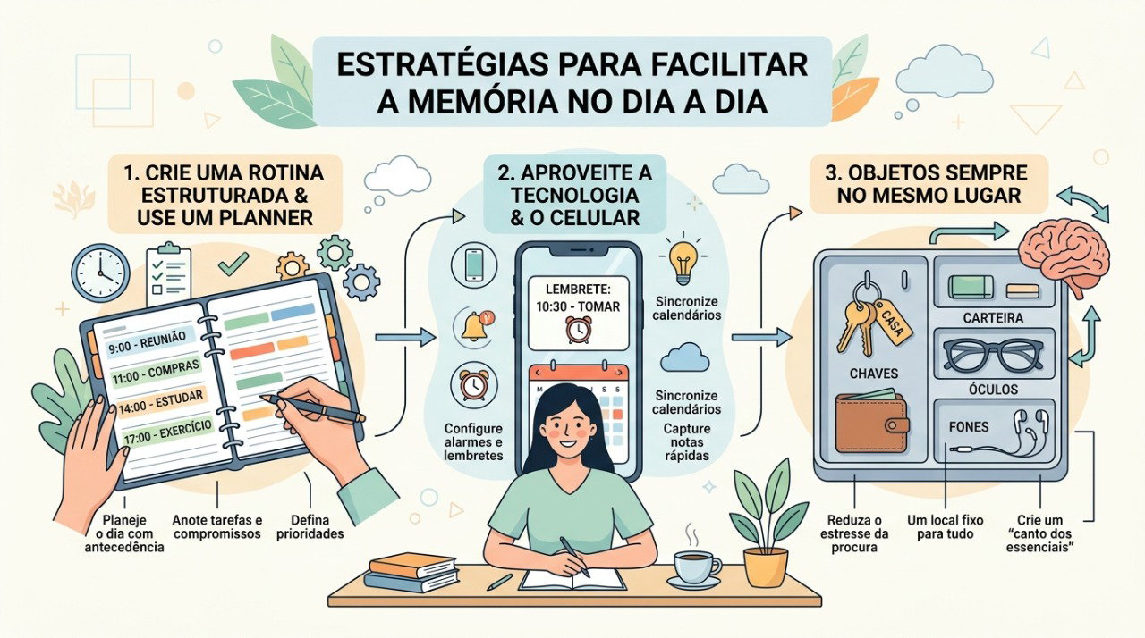 Agenda, lembretes e rotina organizada podem ajudar a reduzir esquecimentos cotidianos.