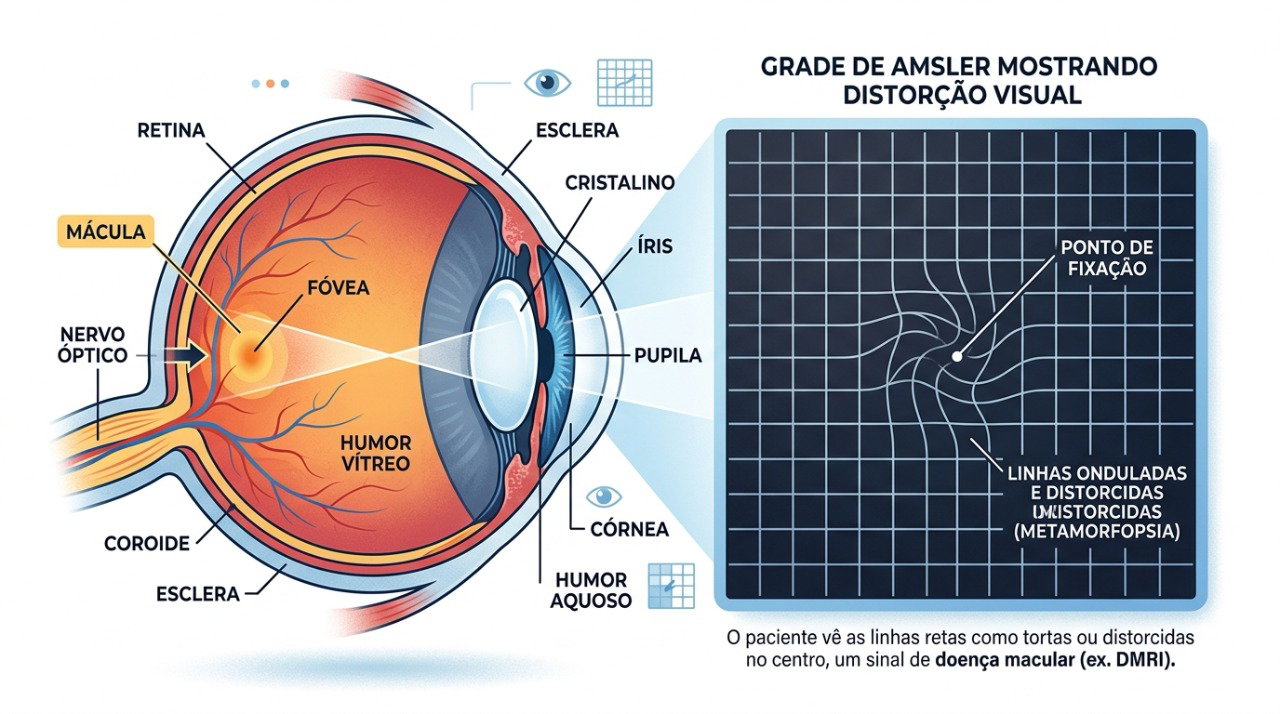 Alterações na mácula podem causar metamorfopsia, fazendo linhas retas parecerem curvas ou onduladas.