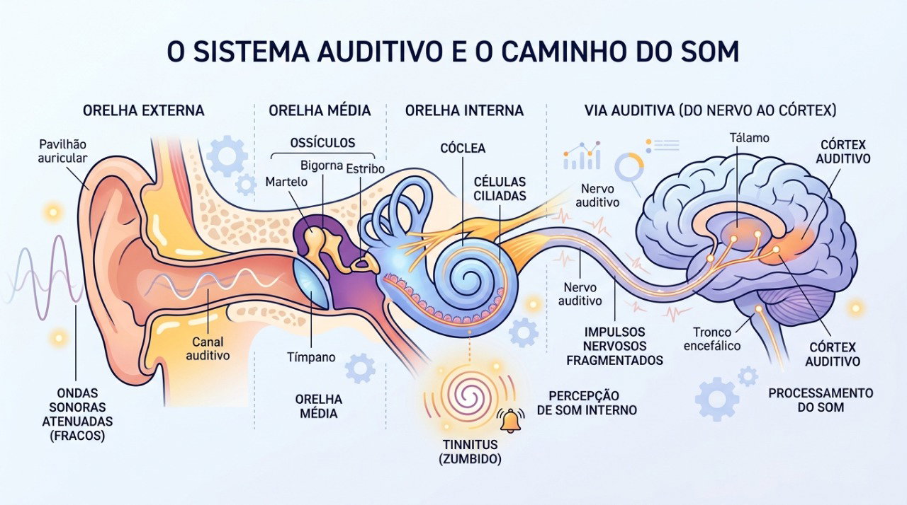 Alterações no sistema auditivo podem causar perda de audição e também contribuir para o aparecimento de zumbido.