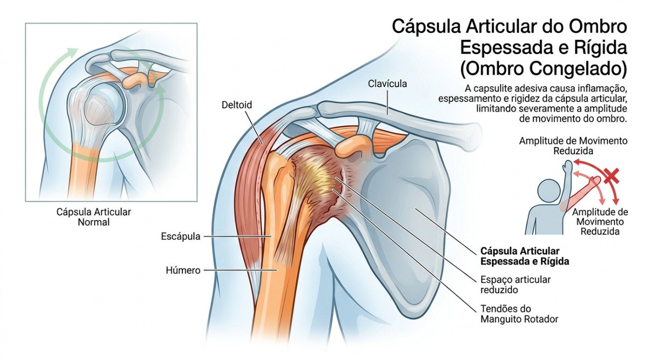 No ombro congelado, a cápsula articular fica mais rígida e pode limitar progressivamente os movimentos.