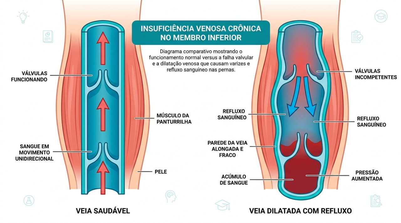 Nas varizes, alterações nas válvulas venosas podem favorecer o acúmulo de sangue e a dilatação das veias.