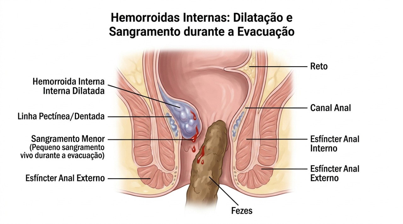Hemorroidas internas podem sangrar durante a evacuação e causar sangue vermelho vivo no papel ou no vaso.