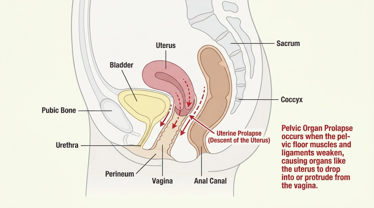 No prolapso, estruturas da pelve podem perder sustentação e descer em direção à vagina.