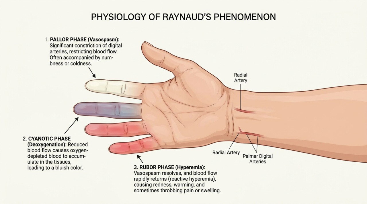 No fenômeno de Raynaud, os dedos podem mudar de cor durante a crise e ficar avermelhados quando a circulação retorna.