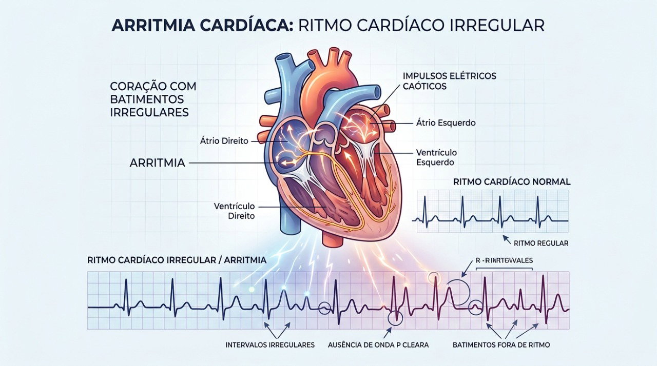Arritmias podem provocar batimentos rápidos, lentos ou irregulares e causar palpitações, tontura ou falta de ar.