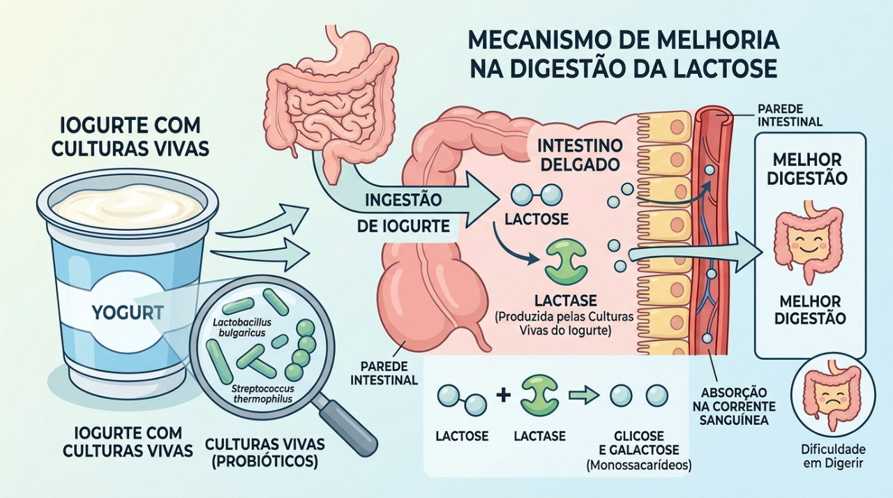 As bactérias do iogurte podem contribuir para uma digestão mais fácil da lactose em algumas pessoas.
